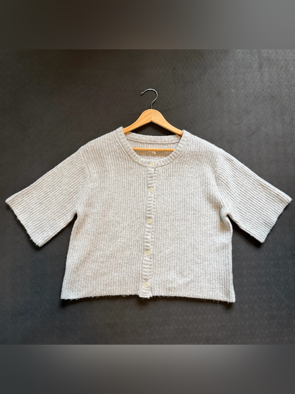 aerie Light Gray Button-Front Knit Short-Sleeve Cardigan
